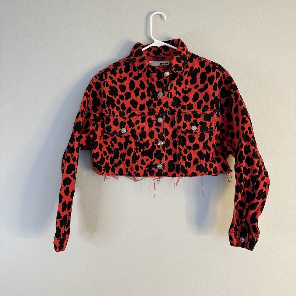 $80 Topshop Moto Red Cheetah Crop Denim Jacket Women's US 2 Euro 34